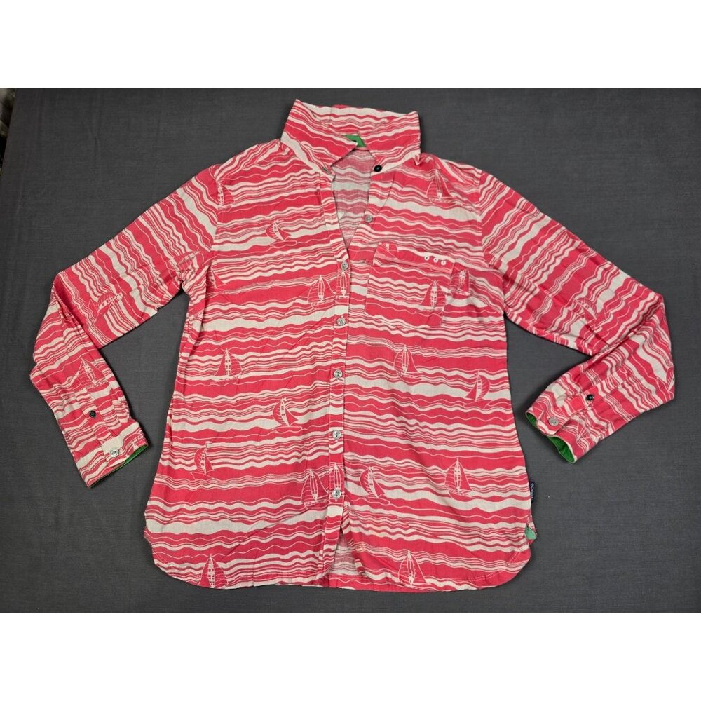 Columbia Pink/White Wave & Sailboat Button-Up Shirt Womens Large Linen Blend